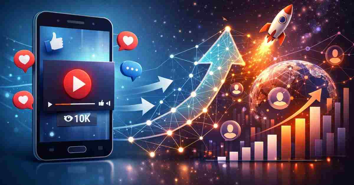 A professional infographic illustrating how social media views, likes, and watch time trigger algorithmic reach for video content.