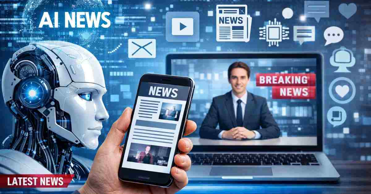 A futuristic digital display showing AI-driven news feeds, global network connections, and real-time data analytics on a smartphone and tablet, symbolizing the transformation of modern media.