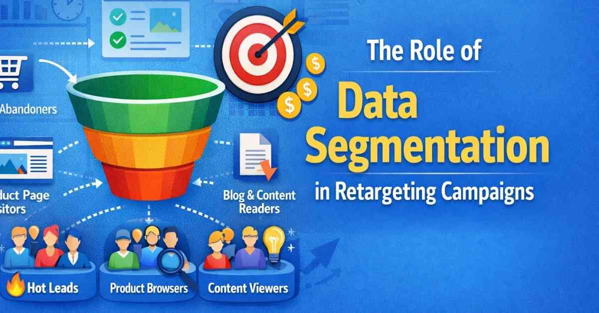 Data segmentation funnel for retargeting campaigns showing cart abandoners, product browsers, and content viewers leading to conversions