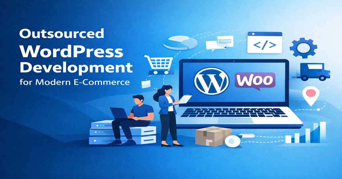 A professional illustration showing an outsourced development team scaling a WordPress and WooCommerce e-commerce platform with custom integrations.
