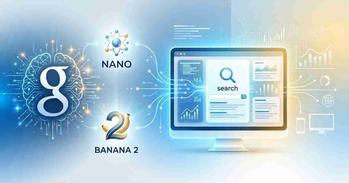 Conceptual digital art showcasing Google Nano and Banana 2 AI integration on mobile search results.
