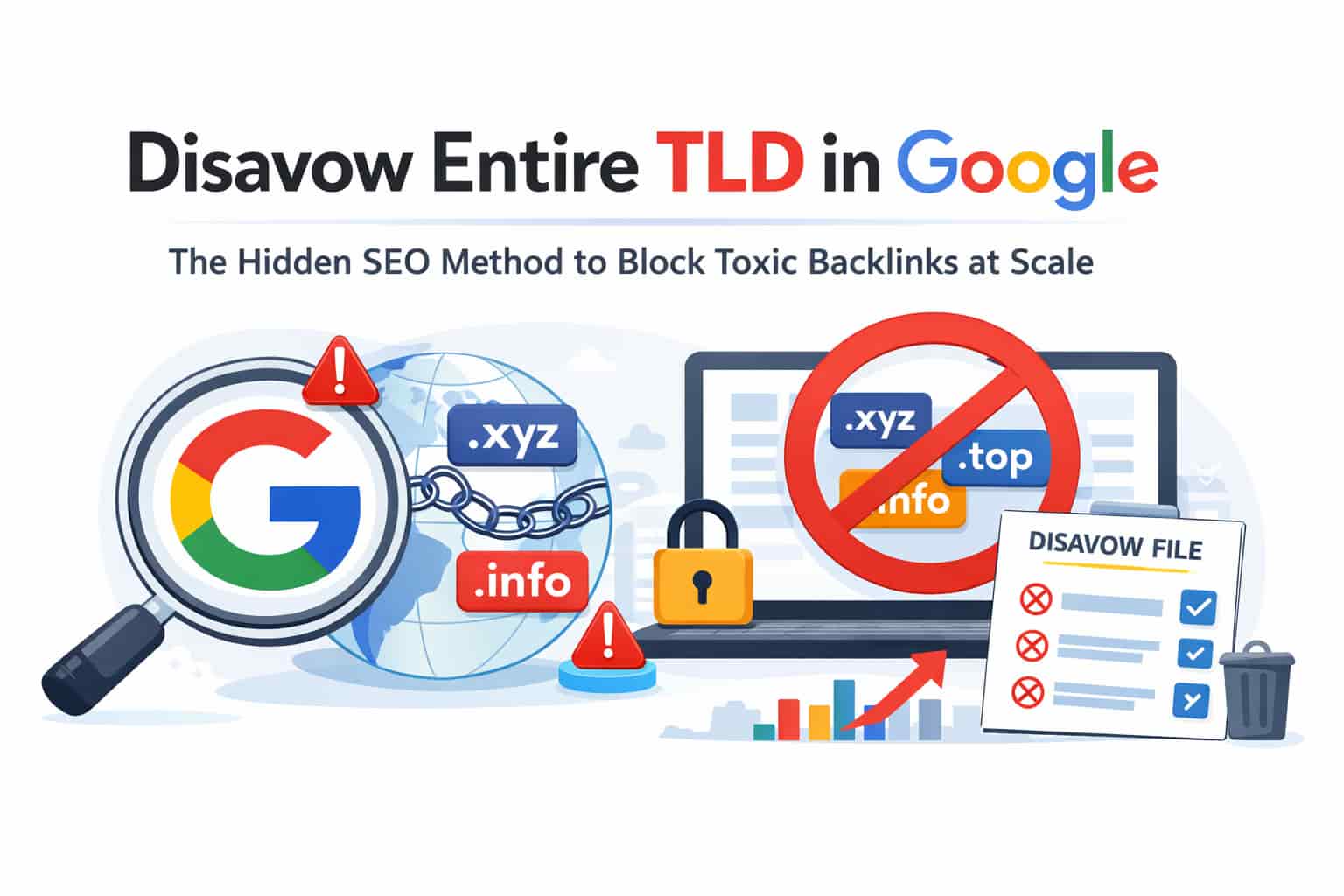 Illustration showing how to disavow entire TLD in Google to block spam backlinks and protect website SEO rankings