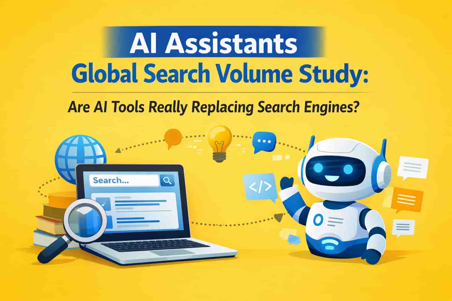 Illustration showing AI assistant robot and laptop search engine representing the AI assistants global search volume study and future of AI powered search tools.