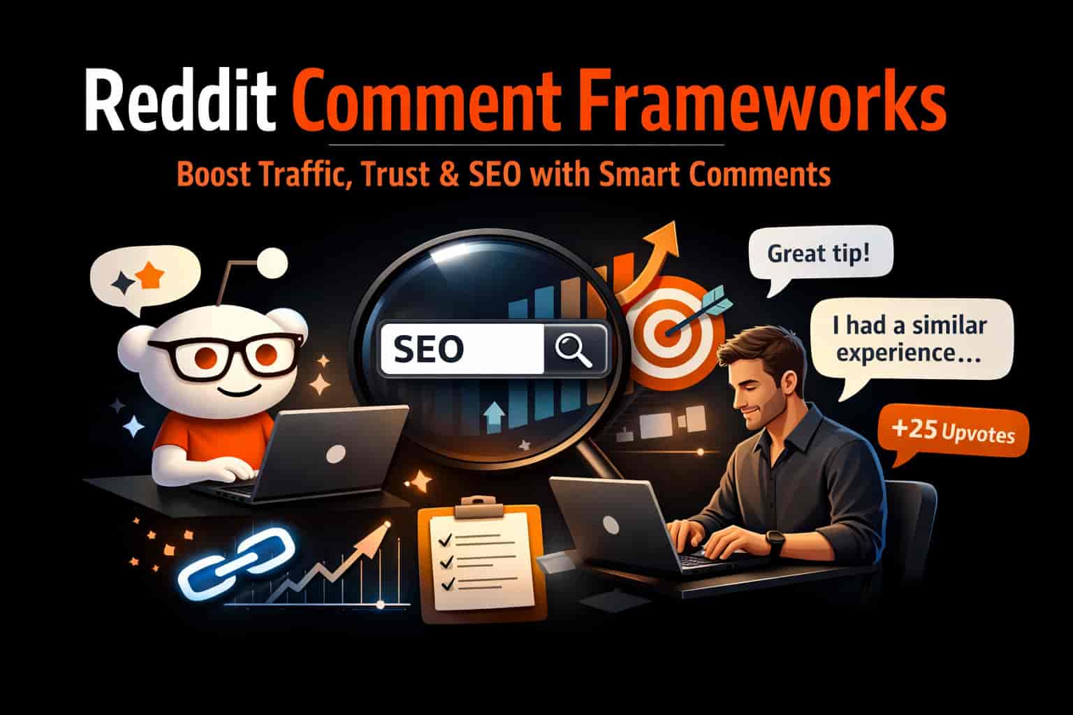 Reddit comment frameworks strategy illustration showing SEO growth through community engagement and Reddit discussions