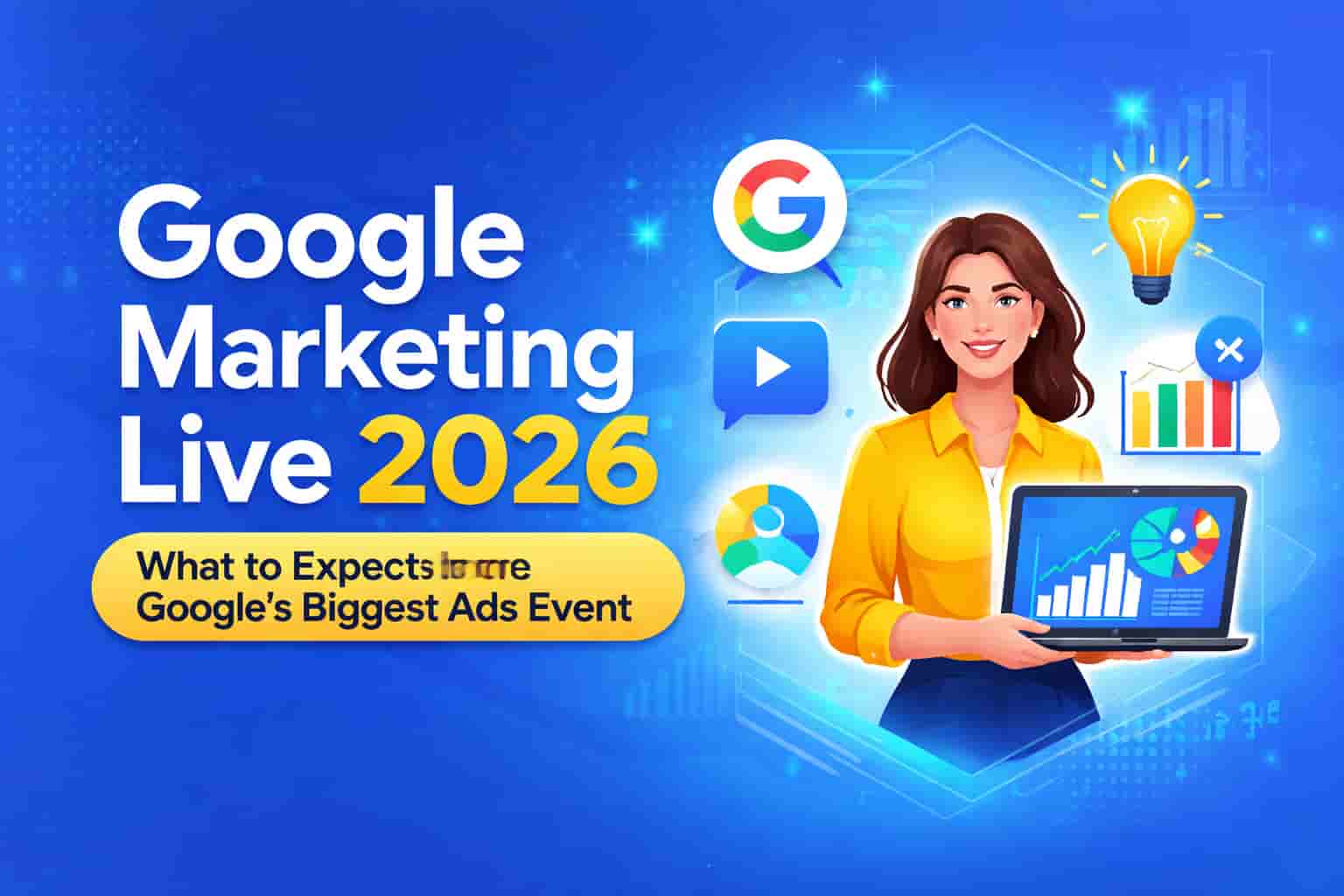 Illustration representing Google Marketing Live 2026 event with AI advertising, Google Ads analytics, and digital marketing tools