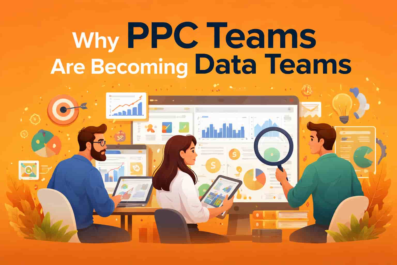 Illustration showing PPC marketers analyzing marketing data dashboards and analytics charts representing the shift toward data-driven PPC teams.