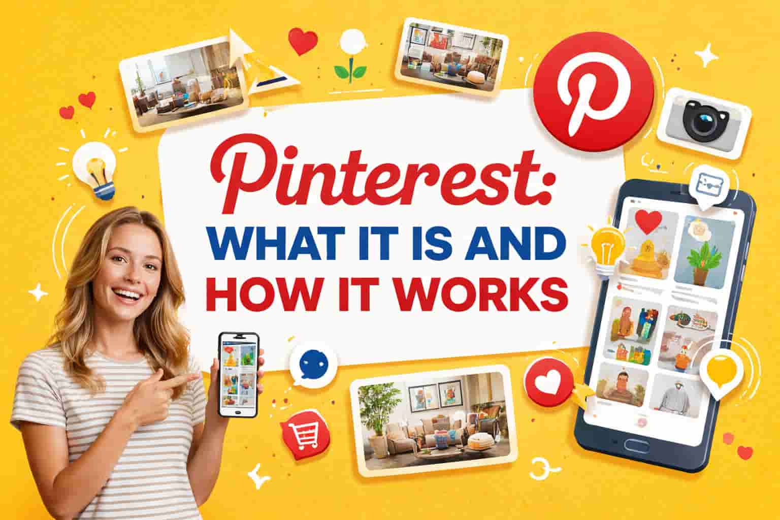 Pinterest visual guide showing a woman with a smartphone and Pinterest icons, highlighting how Pinterest works.