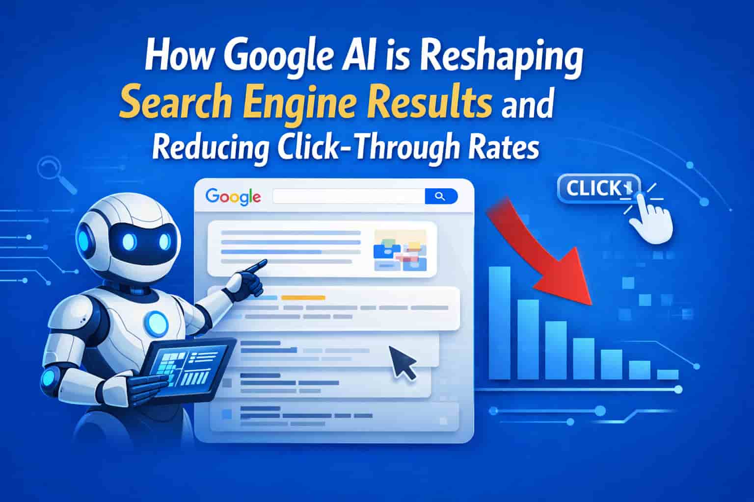 Illustration of a robot pointing at Google search results, with AI overviews and declining click-through rates shown through downward arrows and graphs.