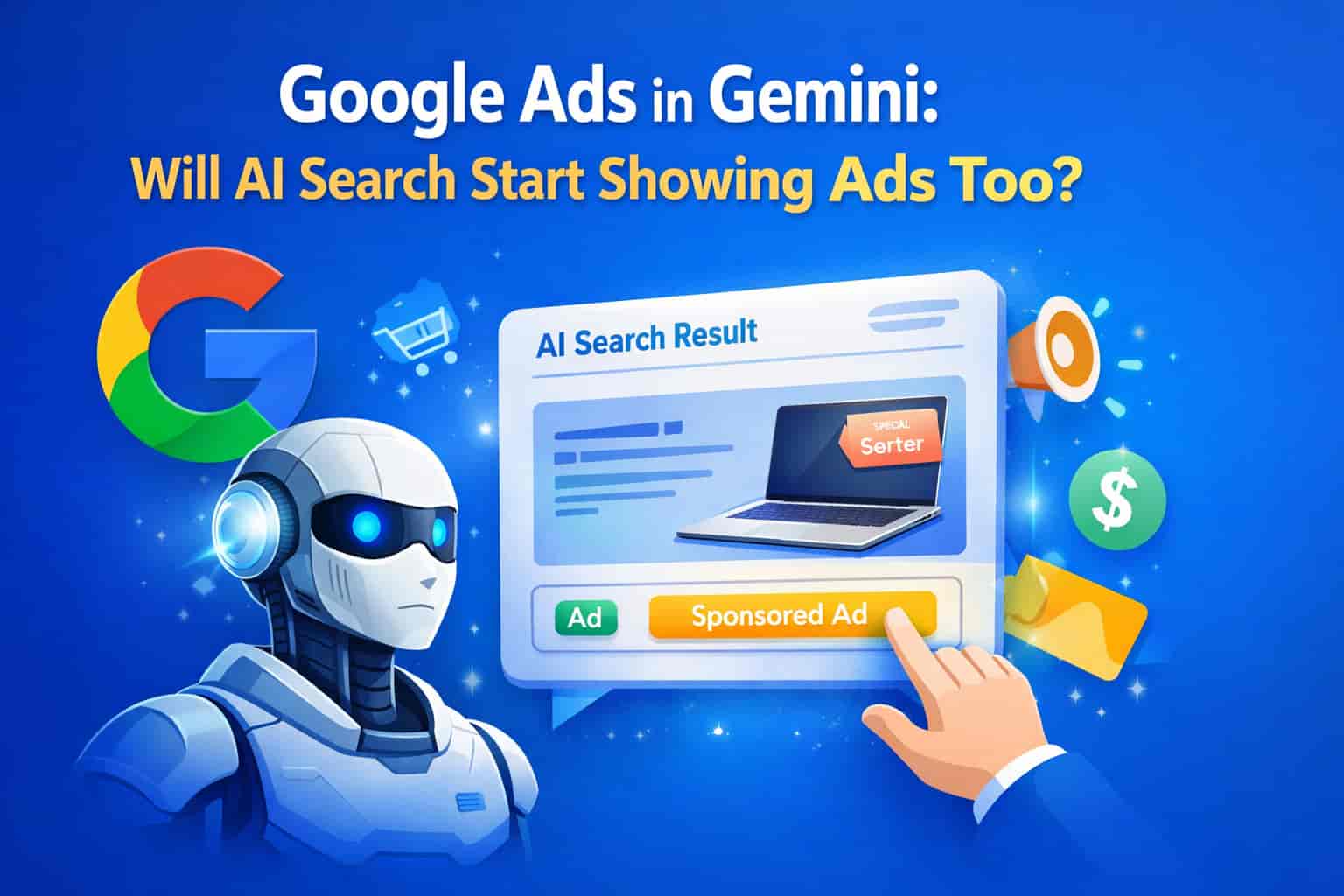 Illustration showing Google Gemini AI search interface with sponsored ads concept and AI advertising icons on blue background