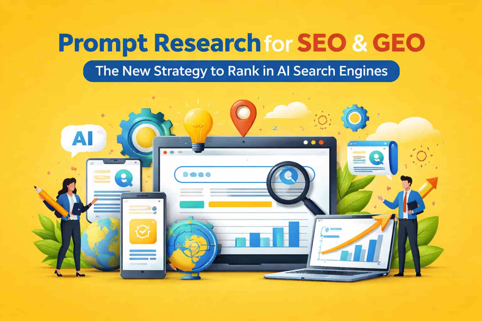 Illustration showing prompt research strategy for SEO and GEO to rank in AI search engines