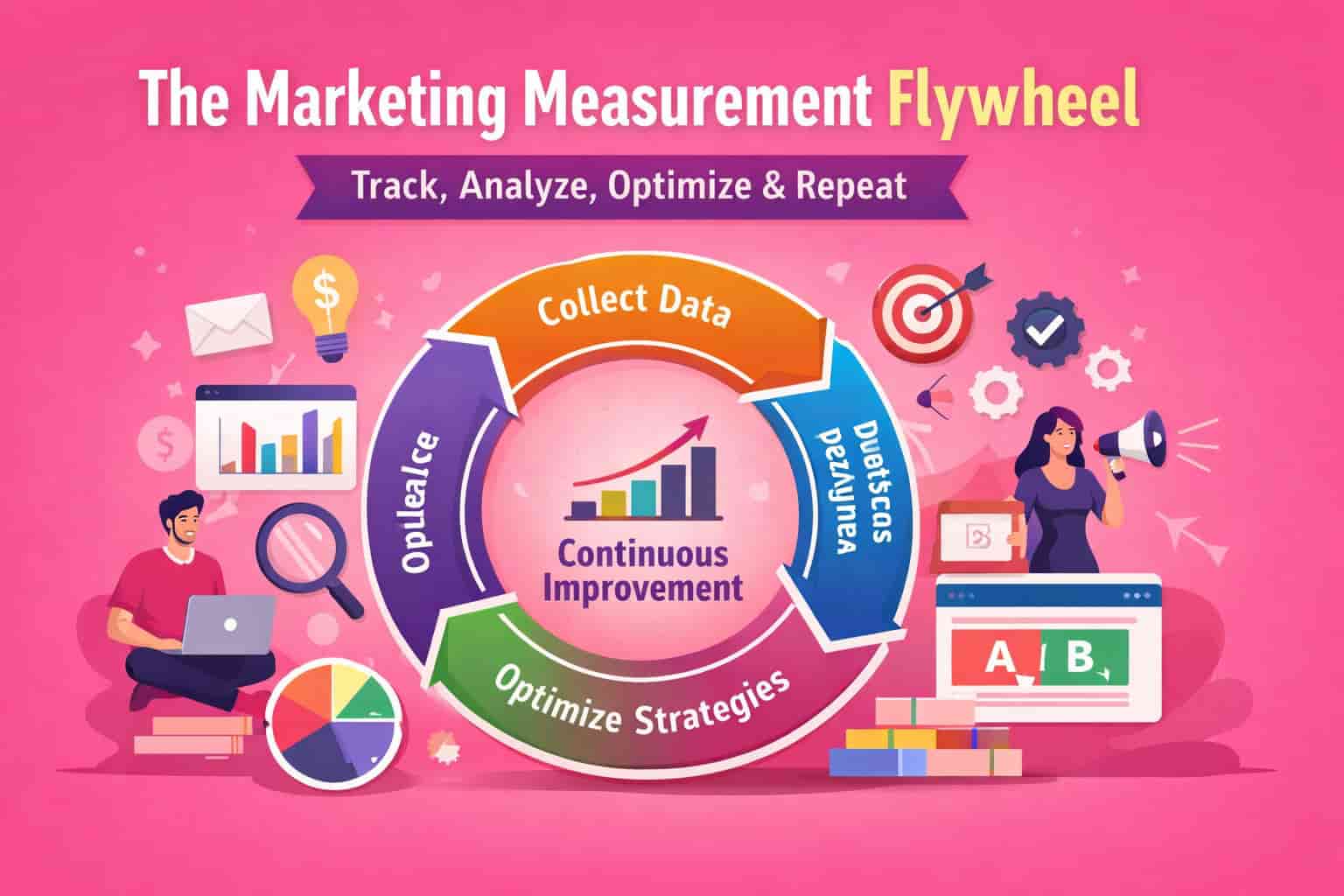 Illustration explaining the marketing measurement flywheel showing data collection, marketing analytics, campaign optimization, and continuous improvement.