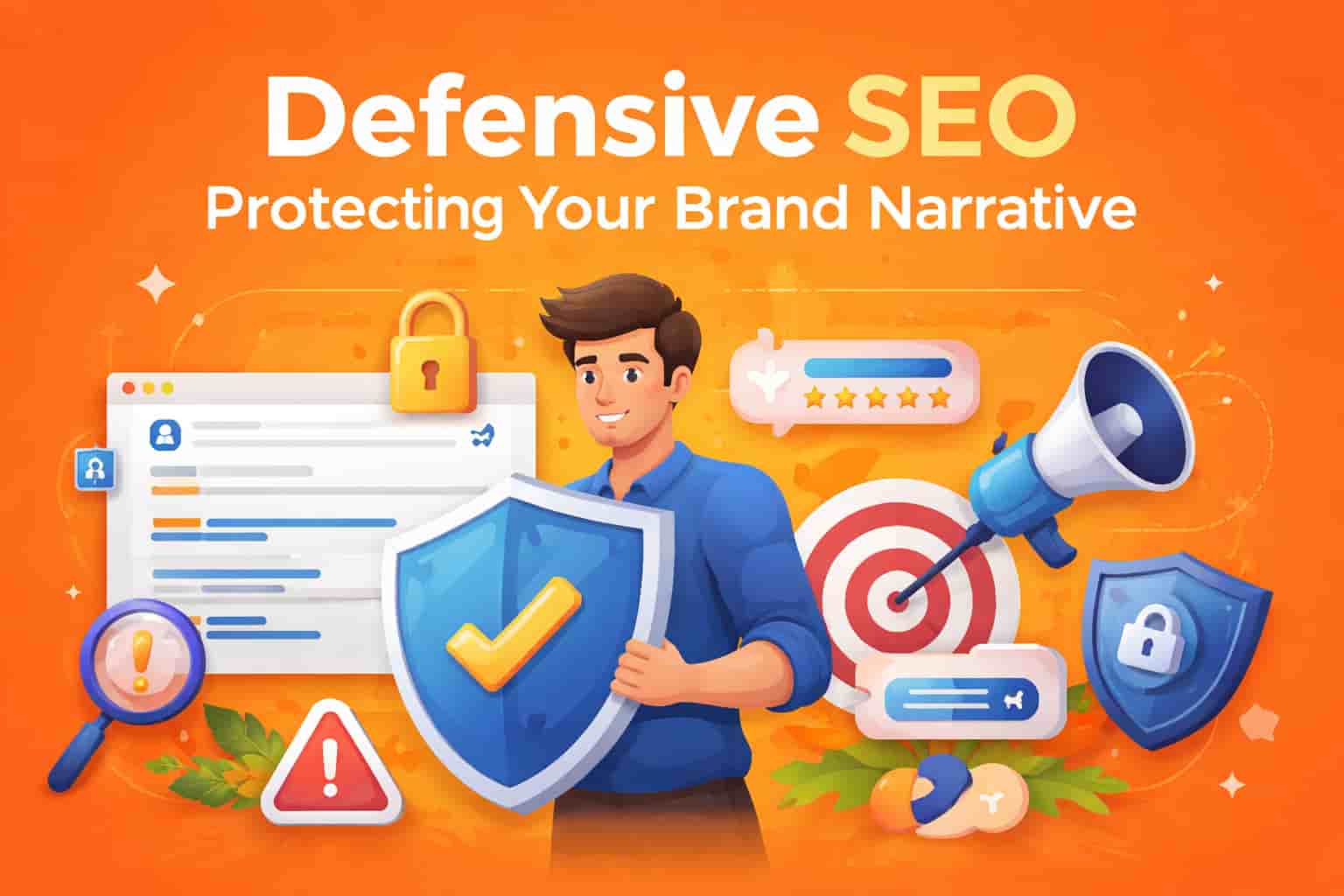 Illustration of defensive SEO with a shield, magnifying glass, and other SEO-related icons on an orange background, symbolizing brand protection and security in search engines.