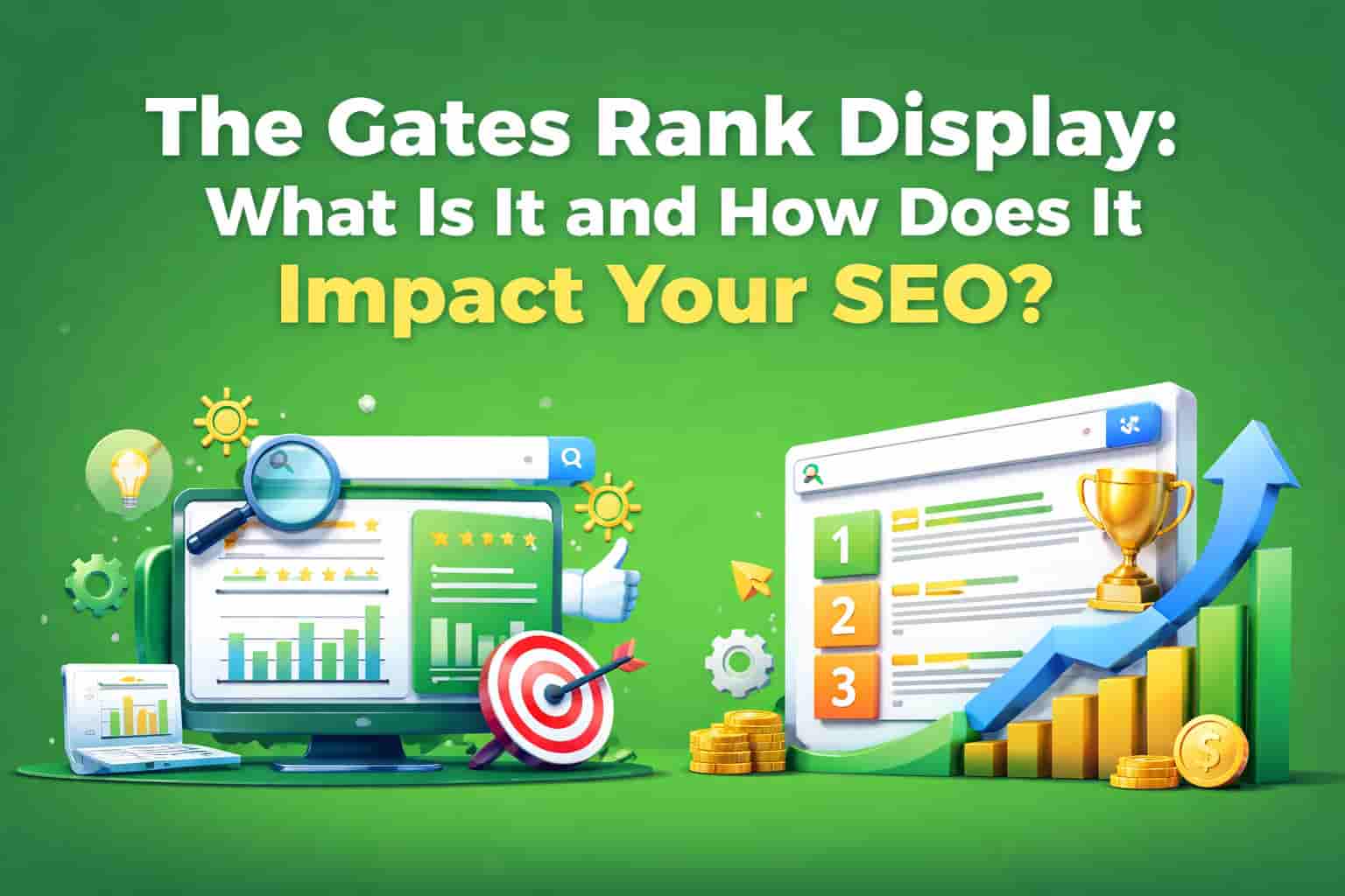 The Gates Rank Display banner illustrating SEO impact with search results, graphs, and a Google search bar over a green background.