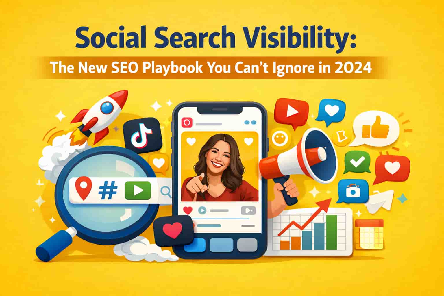 Illustration of social search visibility with social media icons, search bar, and SEO elements on yellow background