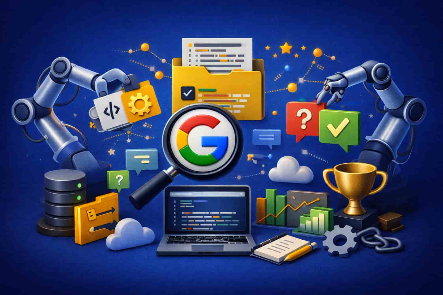 "Google structured data update for forum and Q&A content visual with Google logo, Q&A cards, data tags, and laptop"