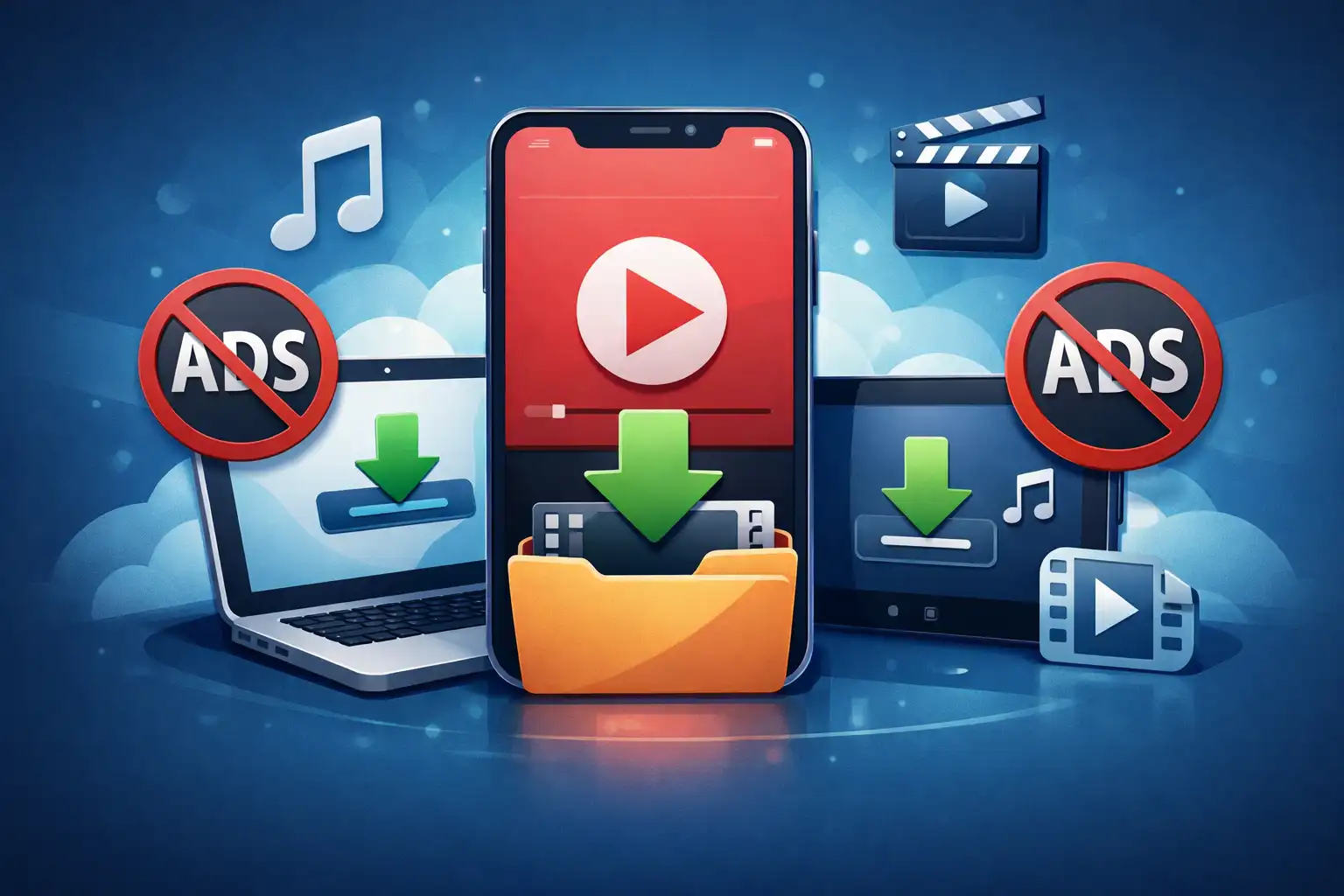 A smartphone displaying various ad-free video downloader app icons including VidMate and NewPipe, highlighting 4K offline viewing features for 2026.