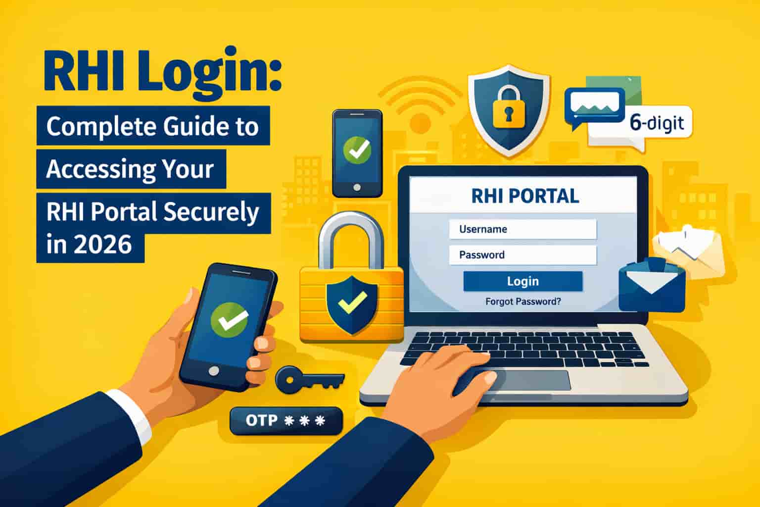 Illustration showing RHI login portal access with laptop, mobile authentication, security lock and OTP verification on yellow background.