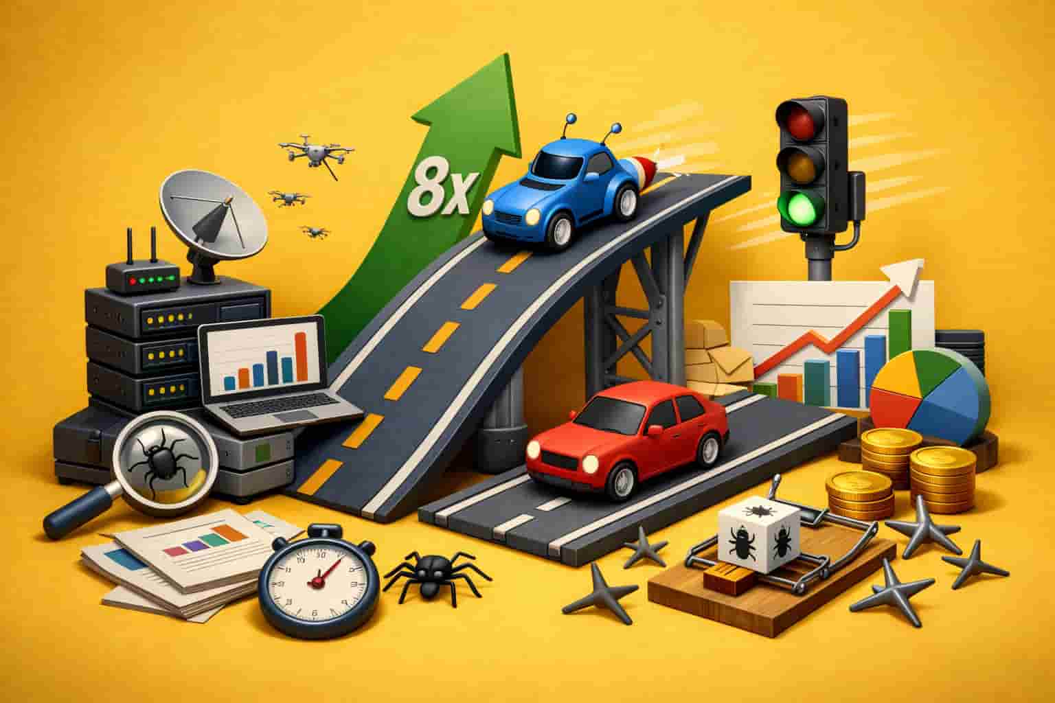 3D illustration of automated traffic growing faster than human traffic with symbolic vehicles, analytics charts, and server elements