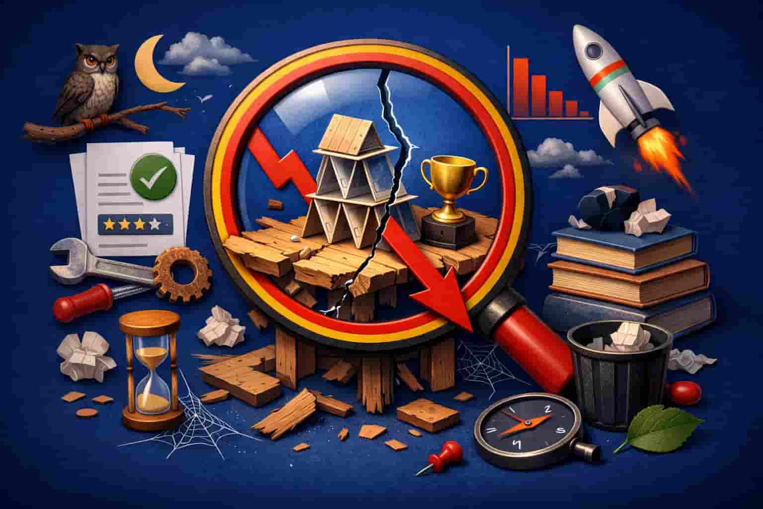 Illustration of Google core update impact showing weak SEO collapsing and high-quality content gaining importance