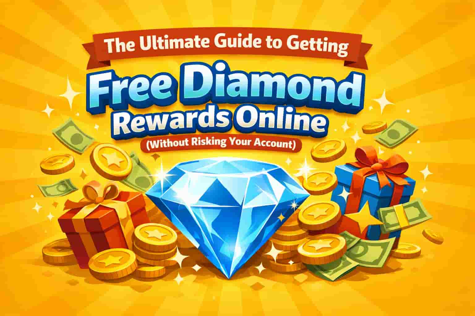 Free diamond rewards online guide with glowing blue diamond and coins on yellow background