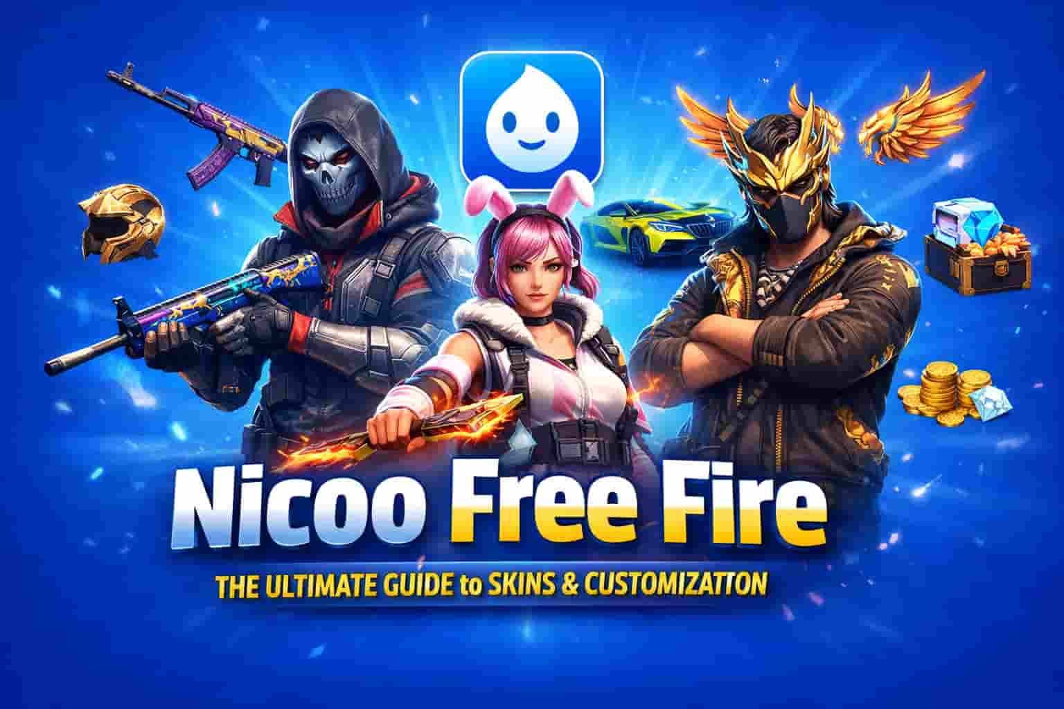 Nicoo Free Fire app showing custom skins, characters, and weapon skins for Free Fire gameplay customization