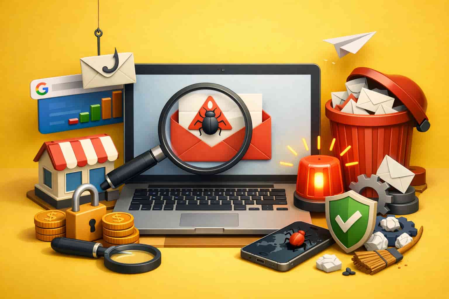 "Abstract geometric shapes representing Google’s March 2026 Spam Update, designed for a tech blog about SEO and small business strategies."