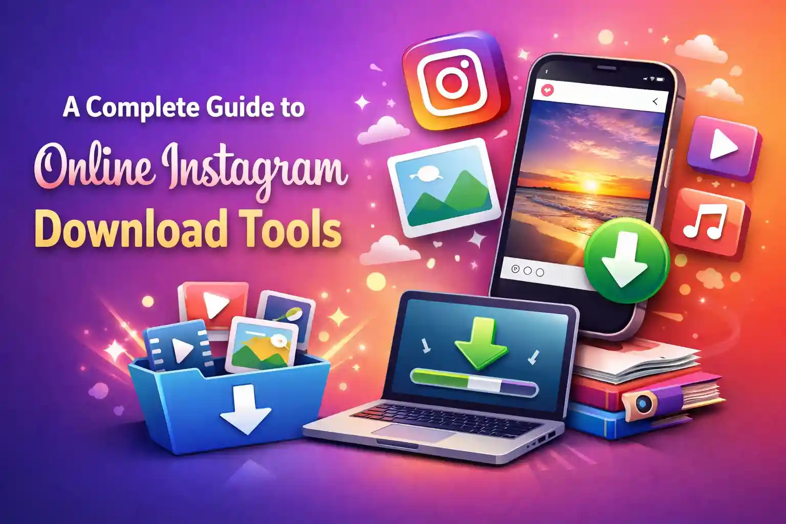 A modern infographic illustration showing the seamless process of using an online tool to download Instagram Reels, photos, and videos to a mobile device.