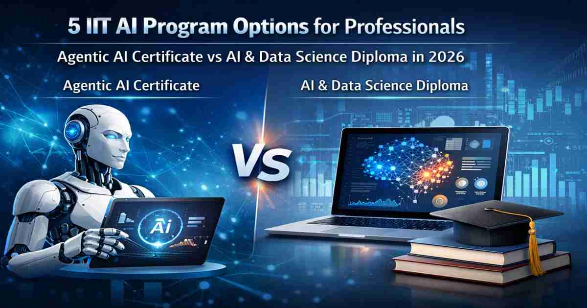A comparison of IIT AI program options for professionals in 2026, showing icons for Agentic AI certificates and AI Data Science diplomas against a professional tech background.