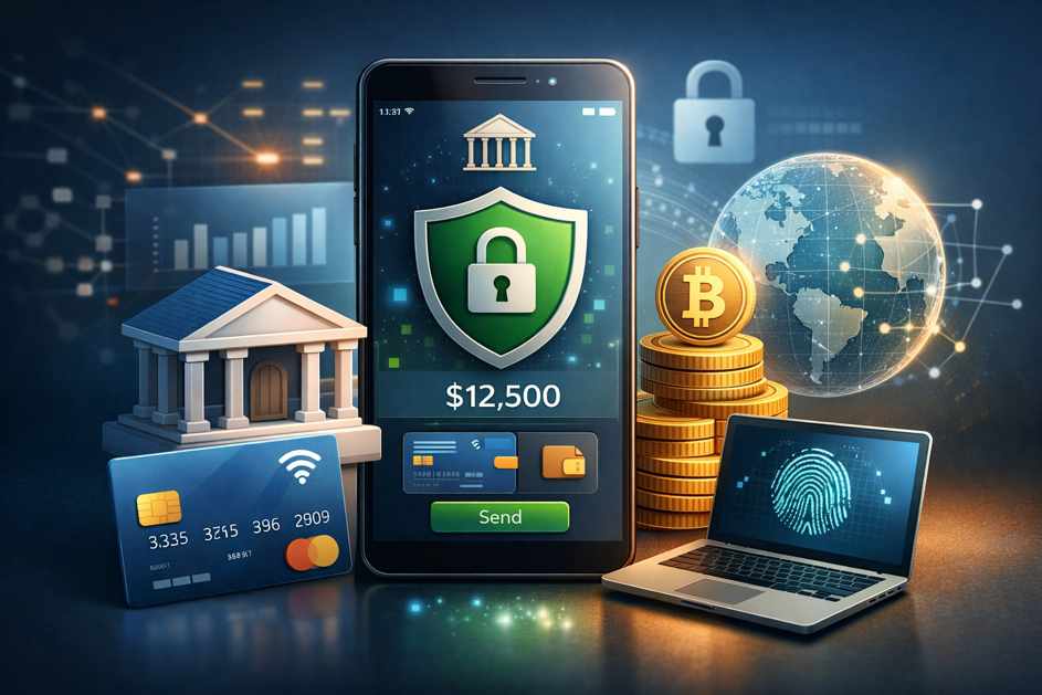 Secure digital banking concept with mobile banking app, cybersecurity icons, and financial technology elements