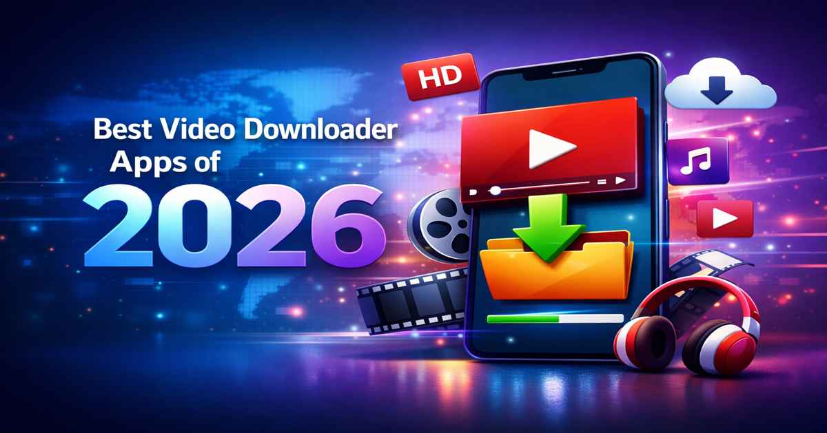 A smartphone and laptop showing video downloader app interfaces with 4K download symbols and social media icons, representing the best video downloader tools of 2026.