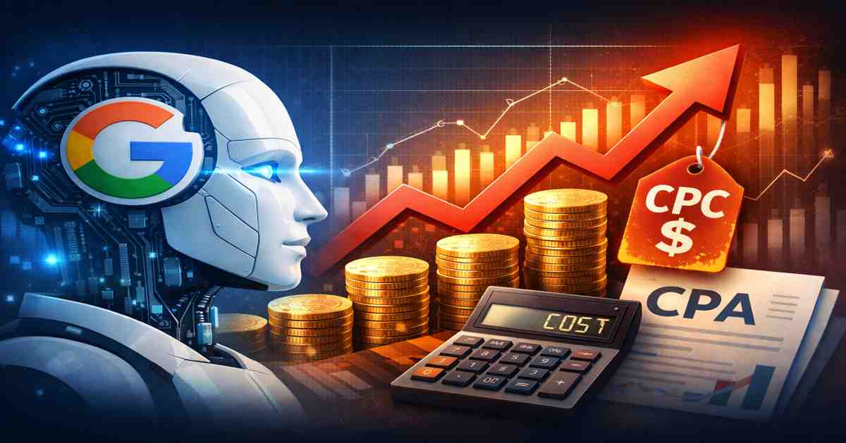 Conceptual 3D rendering of a Google Ads dashboard showing revenue growth lines and AI data nodes to represent automated bidding strategies and CPA management.