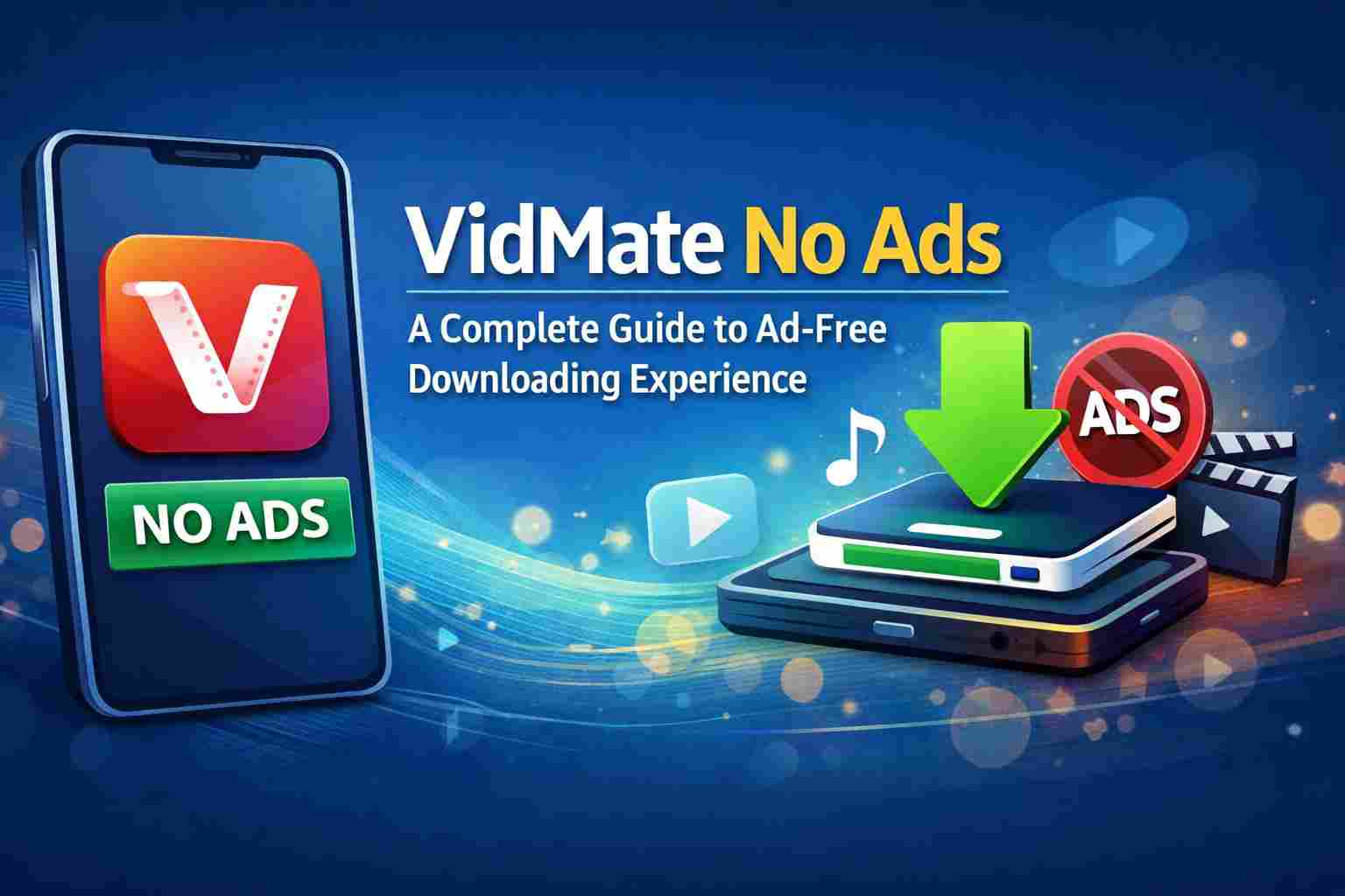 A smartphone displaying the VidMate No Ads interface for seamless video and music downloads without intrusive advertisements.