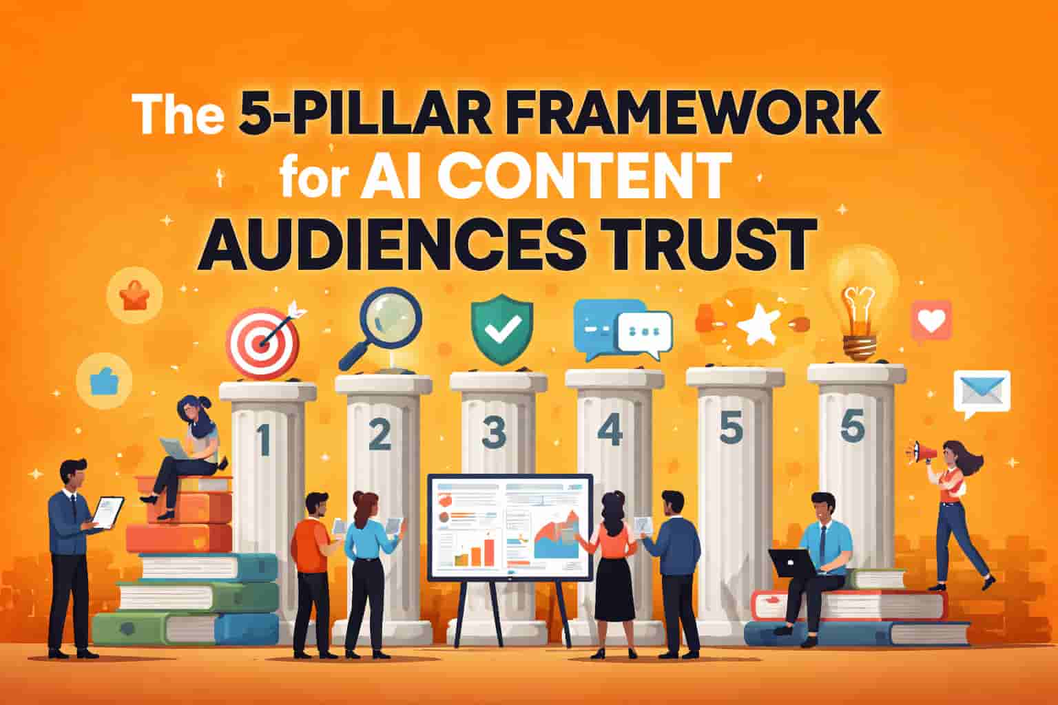 A dynamic image showcasing the 5 pillars of AI content trust with characters representing accuracy, transparency, and human oversight. The vibrant orange background highlights the core concepts of trustworthy AI content.