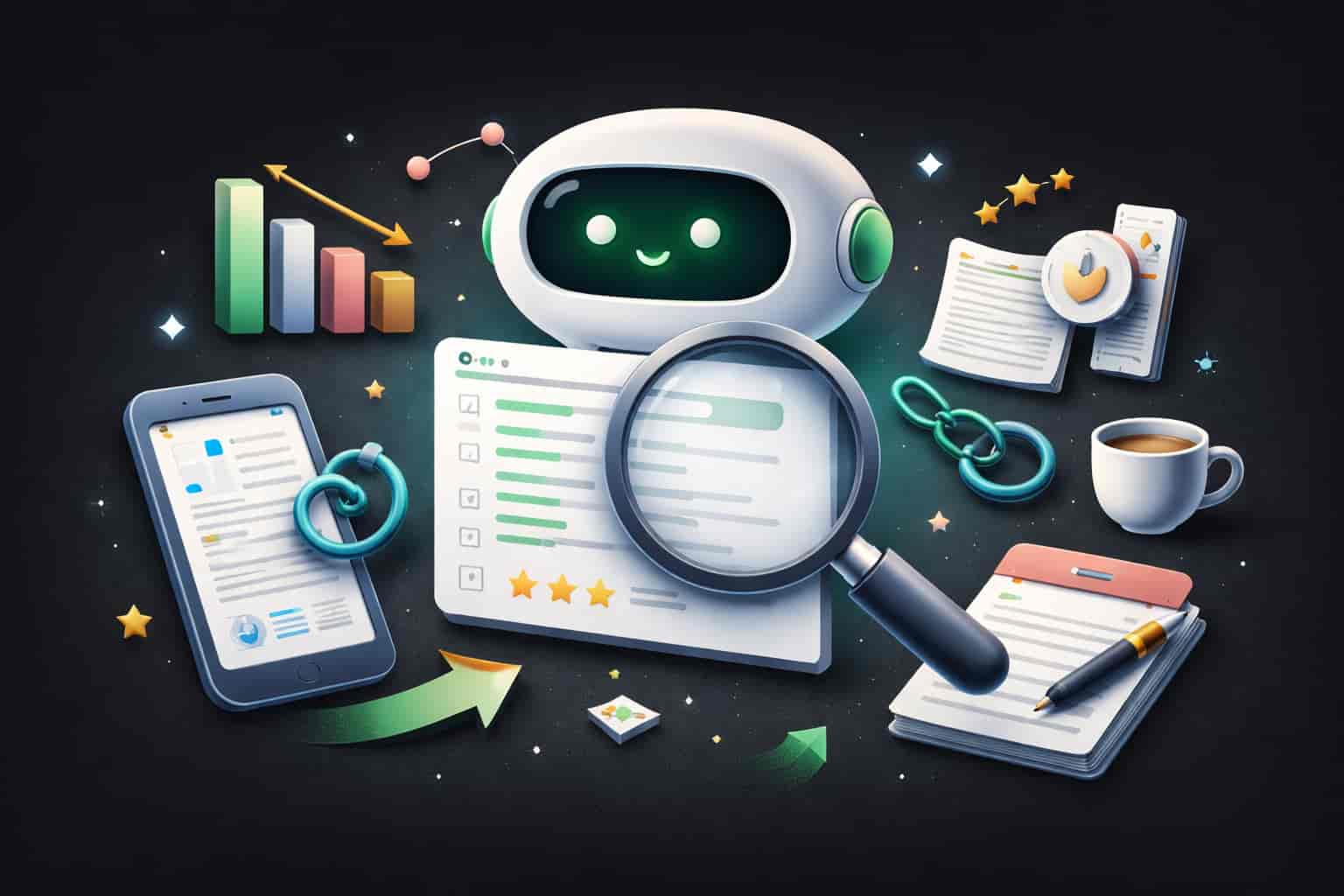 "3D digital illustration of ChatGPT with AI-related elements such as graphs, search analytics, and backlinks, symbolizing the decline in citing sources and its impact on search results."