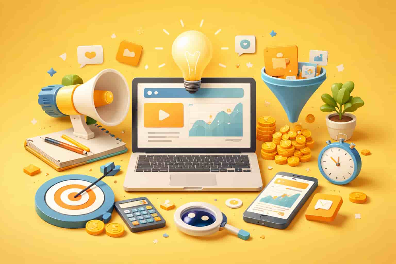 An editorial illustration with a yellow background, showing a laptop with digital ad analytics, a lightbulb, funnel, calculator, and other marketing elements like a megaphone, coins, and a clock. The image represents AI-driven digital advertising tools and campaign optimization.
