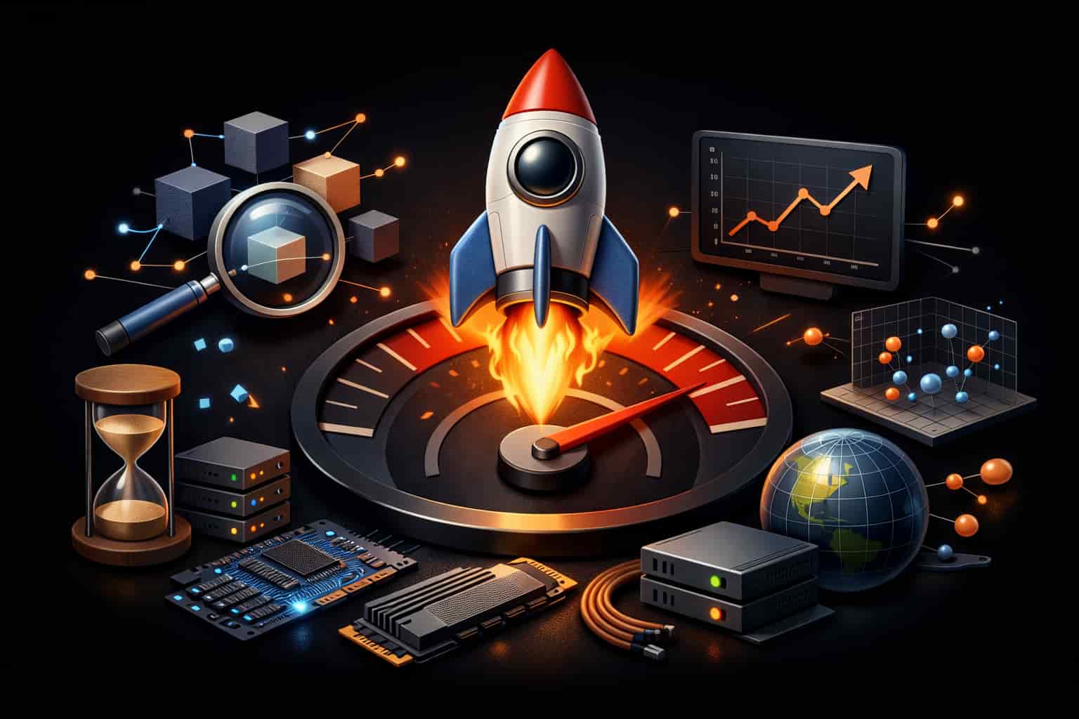 "3D illustration symbolizing Google's TurboQuant Algorithm with a rocket, server racks, magnifying glass, and glowing data visualizations, representing speed and AI-powered search technology."