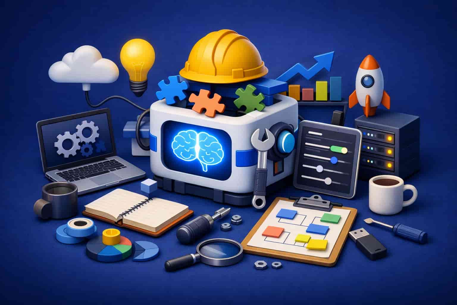 Editorial illustration of a robot being assembled with business tools and tech elements, representing the building of a custom GPT for business use.