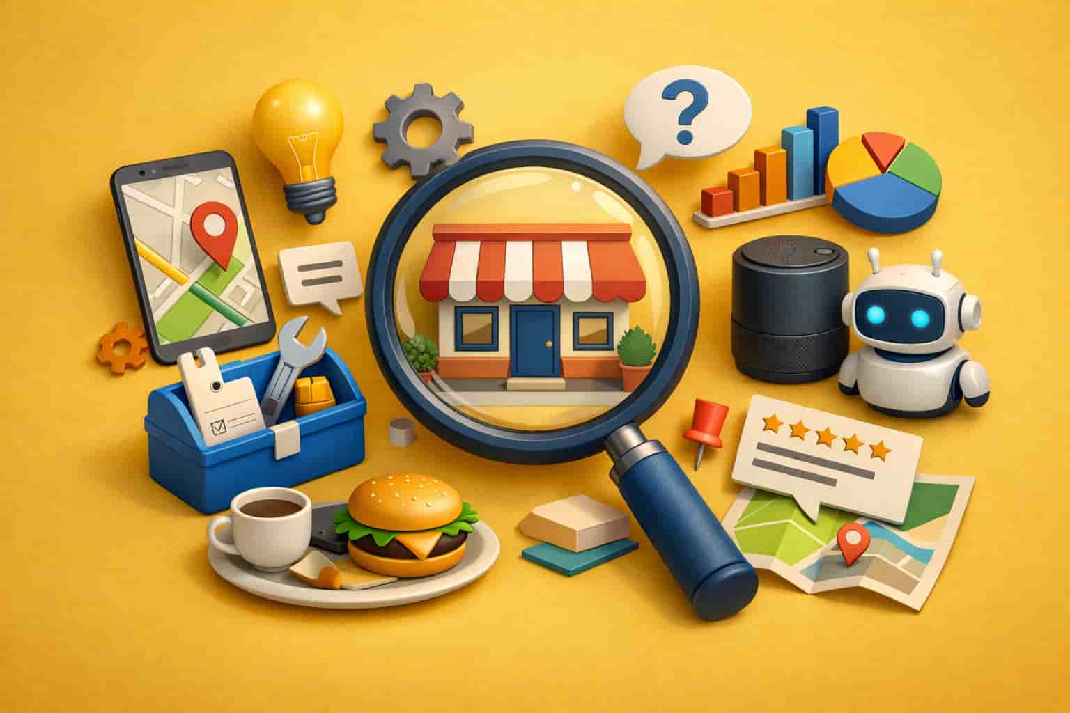 3D illustration of AI-driven local search concept with magnifying glass focusing on a storefront, surrounded by digital tools, maps, and icons.