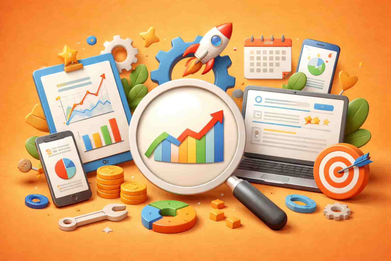 3D illustration showing SEO dynamics, with a magnifying glass over a line graph and surrounding analytics tools.