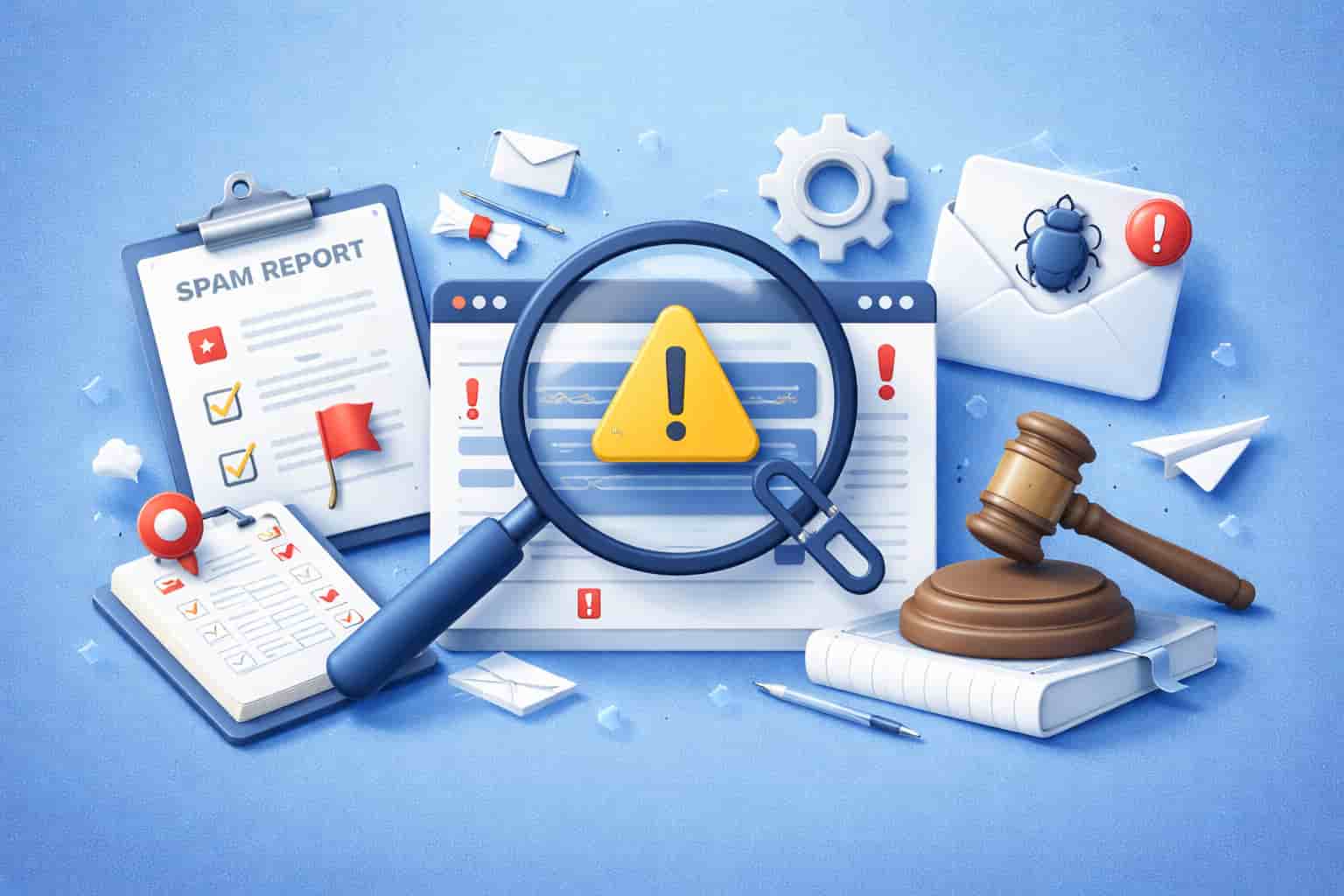 3D illustration of Google spam reports, featuring a magnifying glass over a suspicious webpage, with supporting elements like a clipboard, gavel, and flagged envelope.