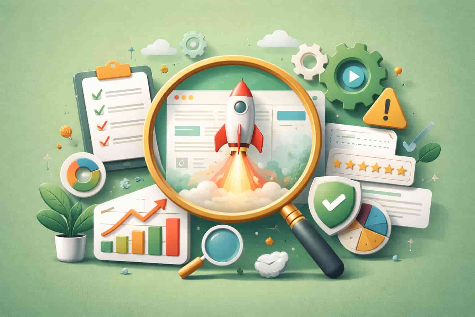 "SEO and algorithm updates illustration showing a rocket launch from a search results page, symbolizing the March 2026 Google Core Update, with supporting elements like graphs, checklists, and icons."