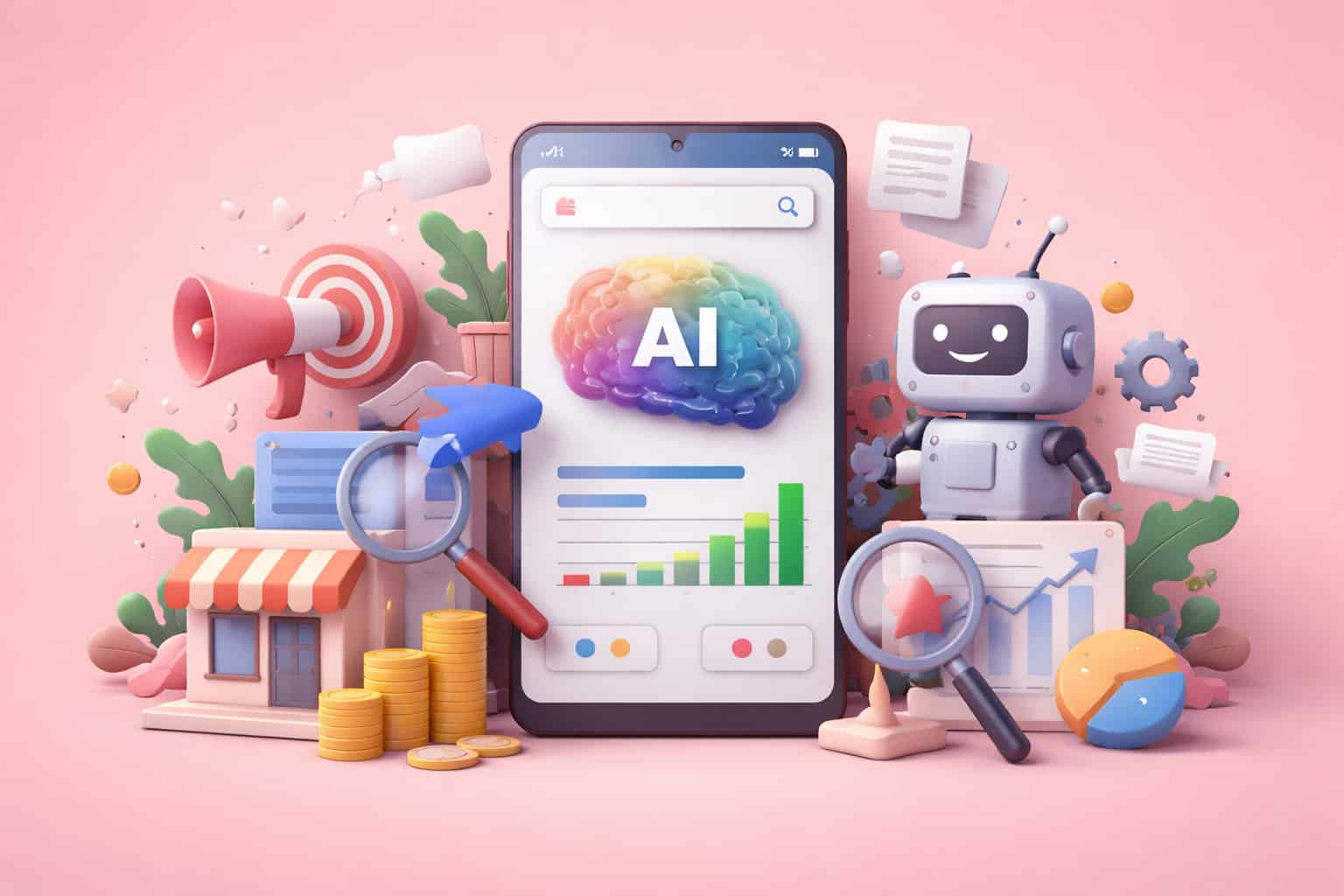 Illustration of AI Max transition in digital advertising, featuring a smartphone, AI brain, marketing tools, and bar charts on a pink background.