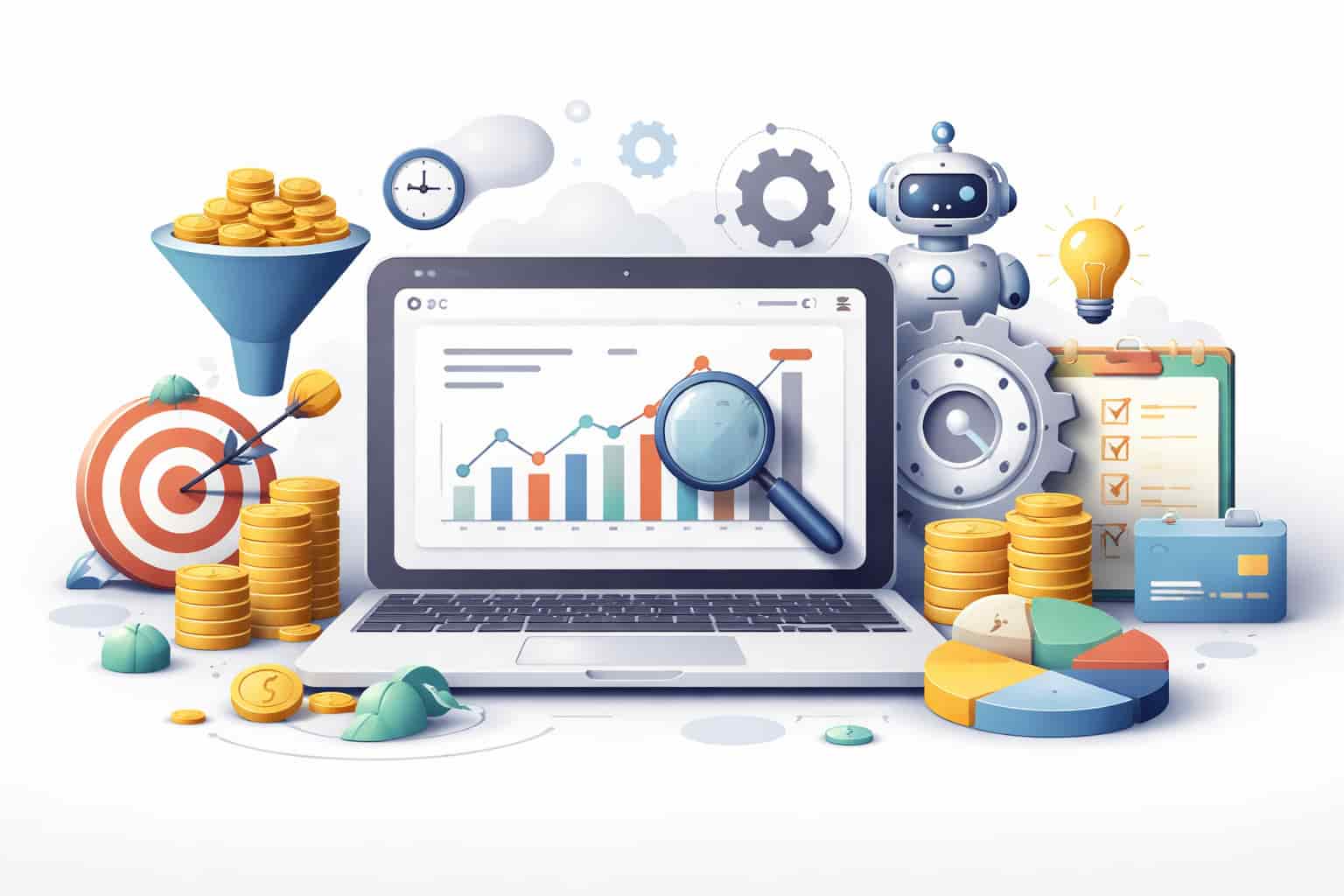 A digital illustration depicting Claude Skills in PPC with a laptop showing analytics, automated gears, and money symbols, symbolizing scalable systems for small business advertising.