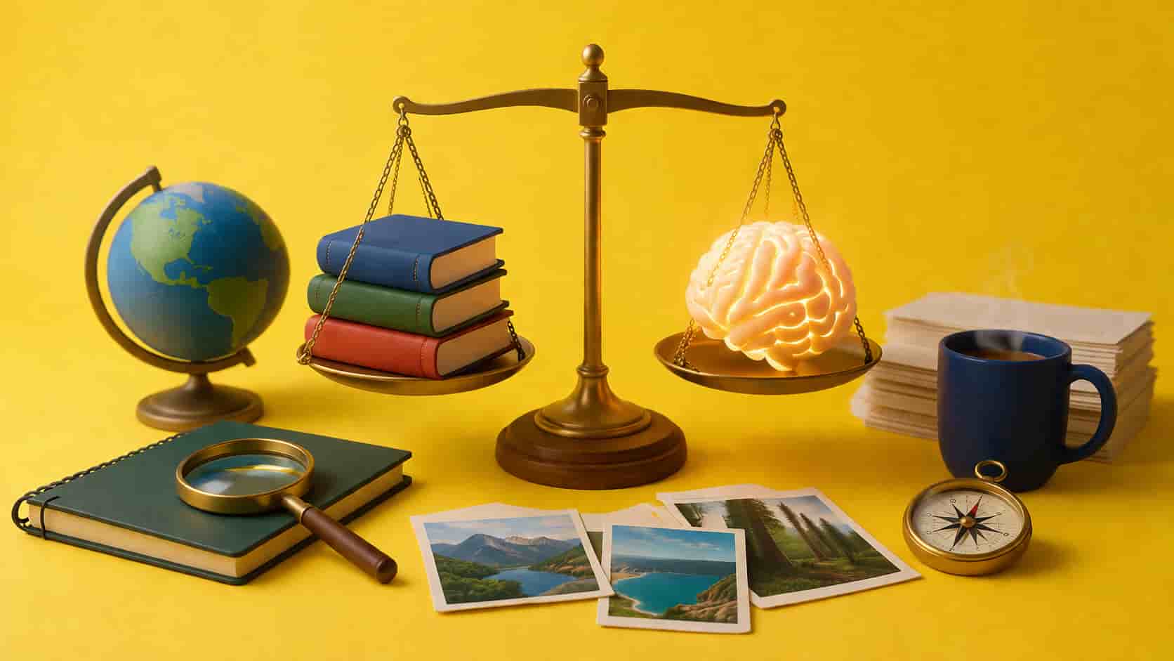 A symbolic editorial illustration with a golden balance scale holding books on one side and a glowing brain on the other, surrounded by related items like a globe, magnifying glass, compass, and photographs, all set against a yellow background.