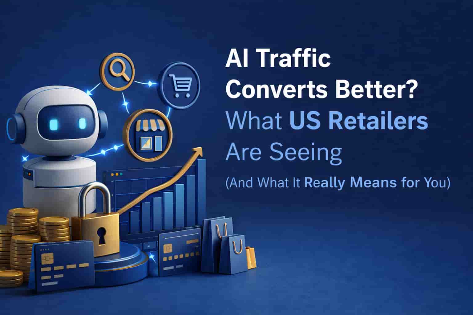 AI-driven traffic converting better than traditional retail channels with visual elements like shopping cart, analytics graph, and digital transactions