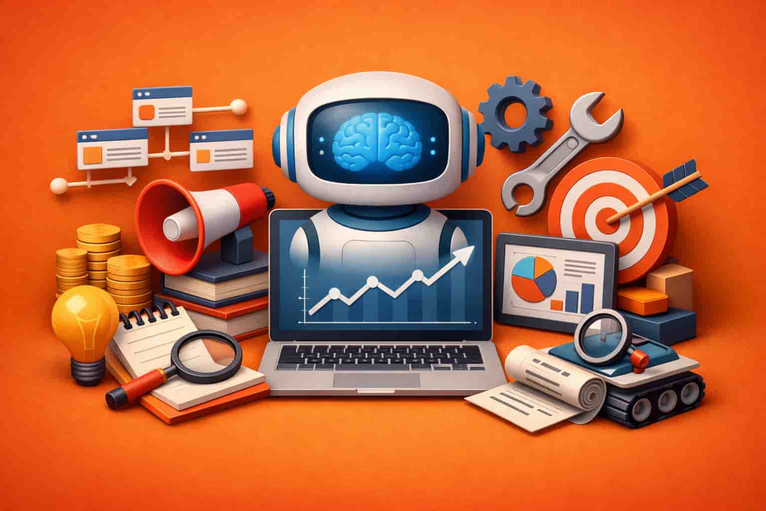 3D illustration of AI tools for SEO, including a robot, laptop, charts, and SEO elements on a deep orange background.