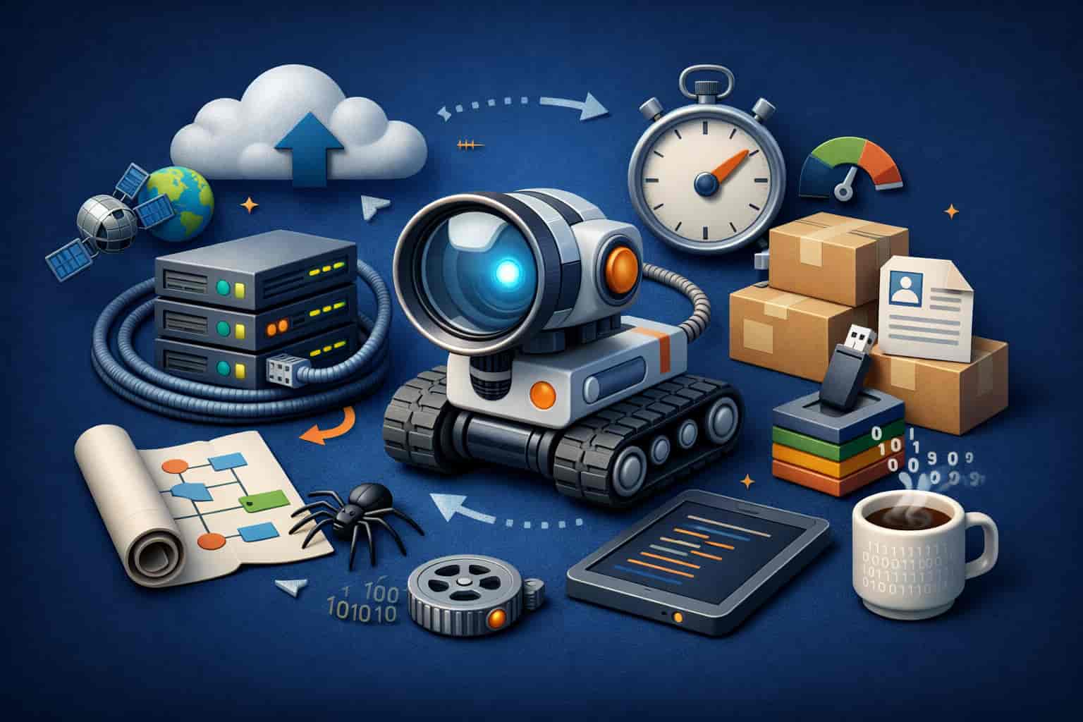 "3D illustration of a robotic web crawler symbolizing Google’s 2026 crawling and data processing, surrounded by tech elements like servers, code, and data symbols."