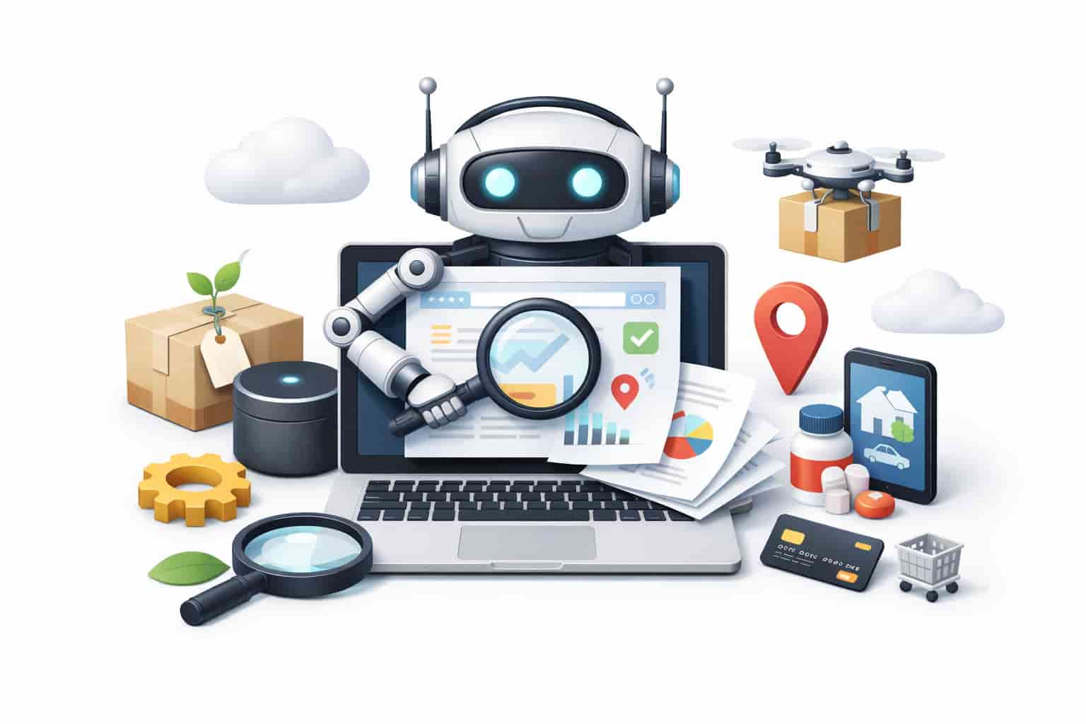 AI robot analyzing SEO data on a laptop with surrounding e-commerce elements like smart speakers, a drone, and shopping-related symbols, illustrating AI-driven discovery in SEO.
