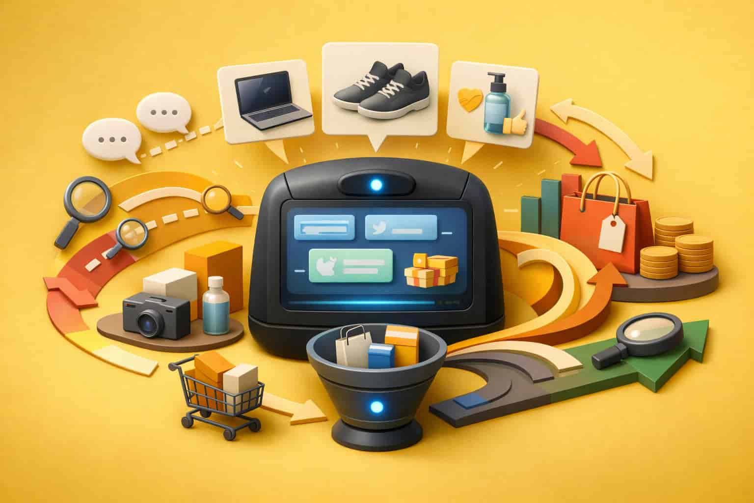 3D illustration of AI chatbot showing contextual product recommendations and decision-based advertising flow on a yellow background