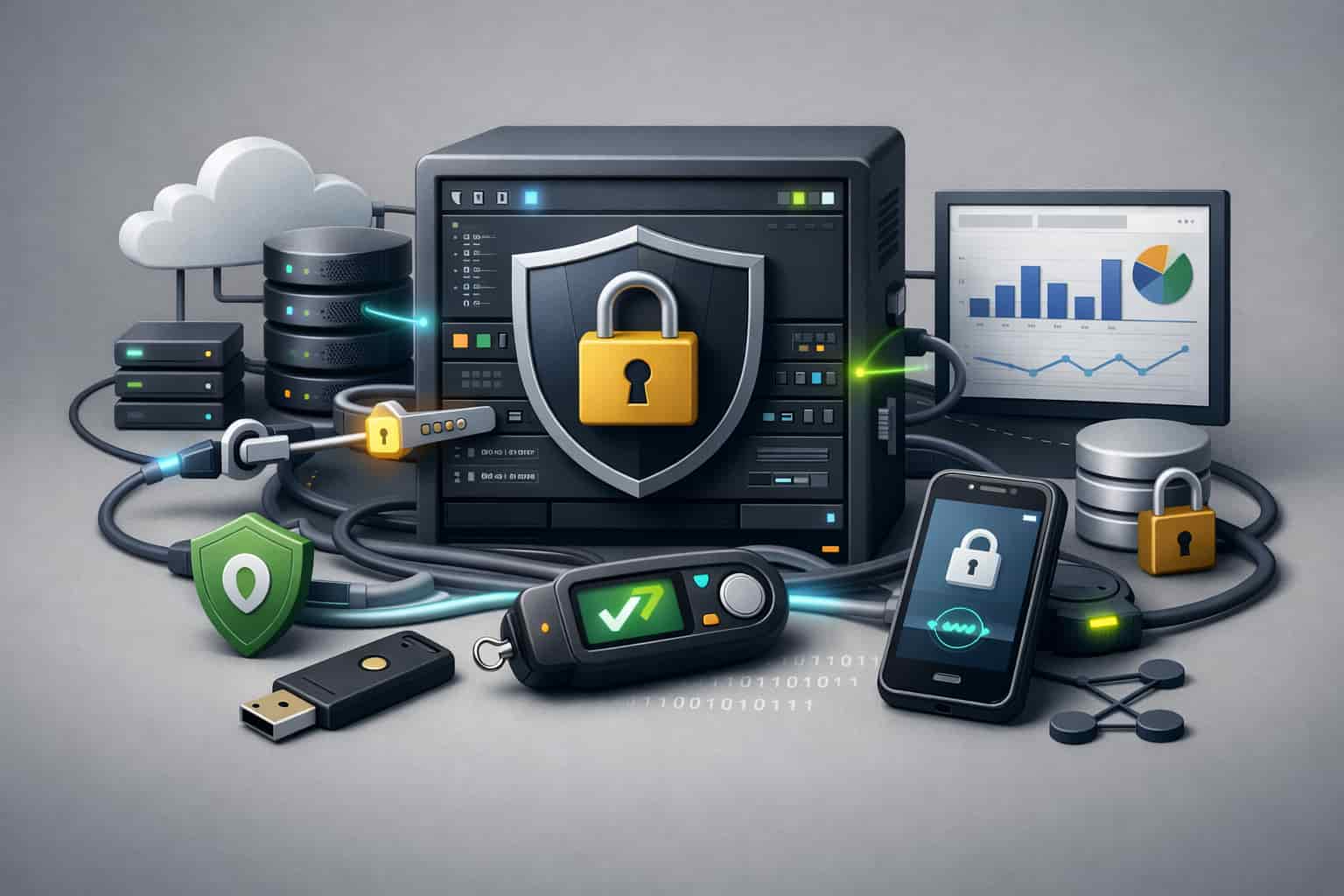 3D illustration of secure Google Ads API system with MFA authentication, servers, security keys, and encrypted connections